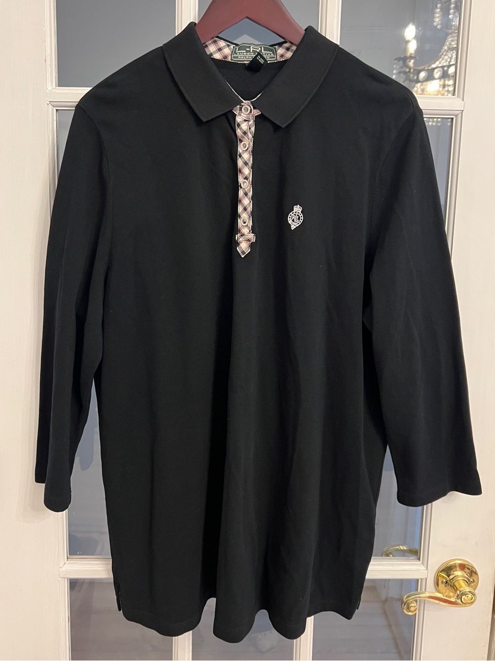 LAUREN RALPH LAUREN Women’s LRL Active Plaid Trim Polo Shirt Black Size 2X